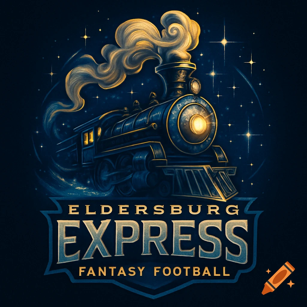 Stylized dark blue and gold steam train with glowing headlight, against a starry night sky, with 'ELDERSBURG EXPRESS FANTASY FOOTBALL' on a banner.