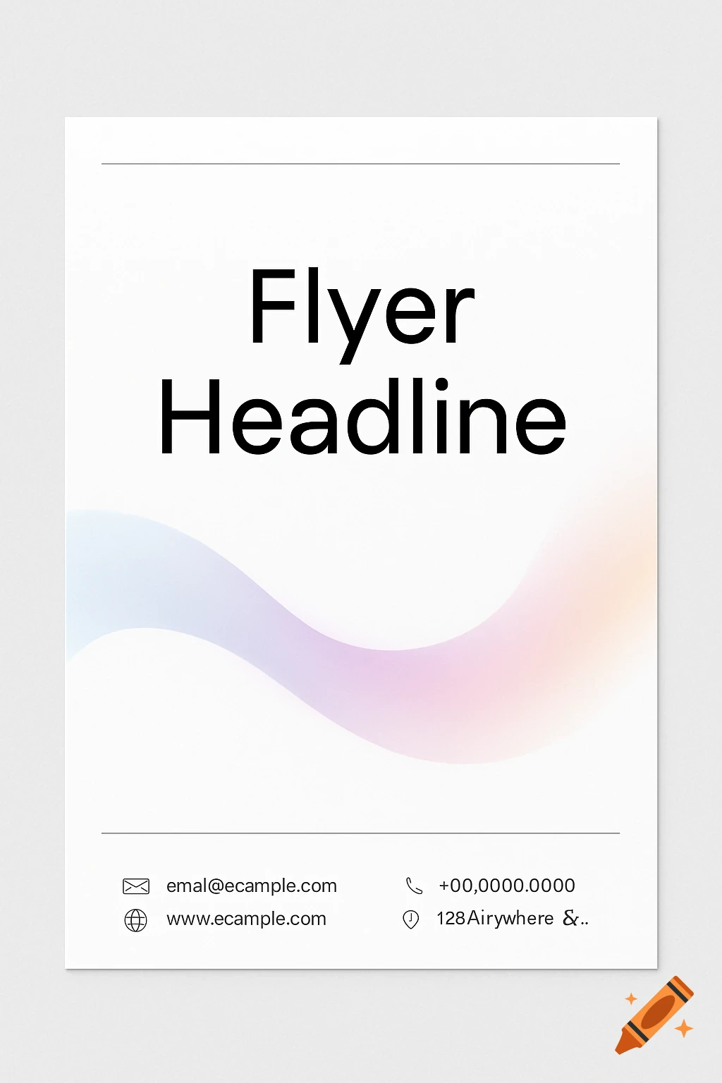 A minimalist white flyer with a bold black headline, a wavy pastel gradient, and placeholder contact information at the bottom.