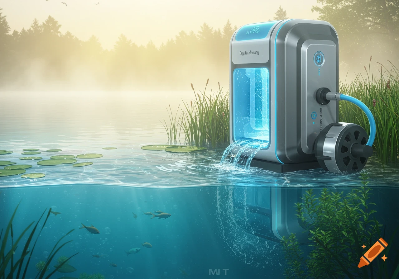 A futuristic water purification device with glowing blue panels sits in a misty lake, releasing clean water into the lake where fish swim underwater.