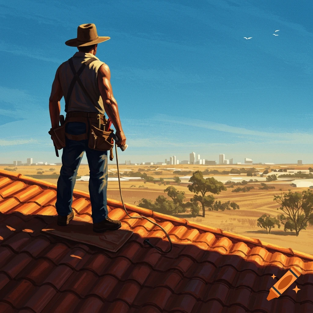 Illustration of an Aussie roofer in a hat on a terracotta roof, looking over a vast arid landscape with a distant city skyline.