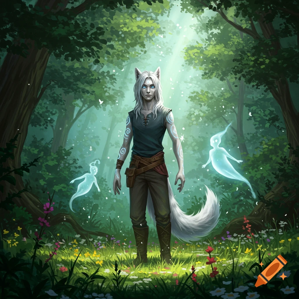 A silver-haired humanoid with wolf ears and a tail stands in an enchanted forest clearing with two glowing blue spirits.