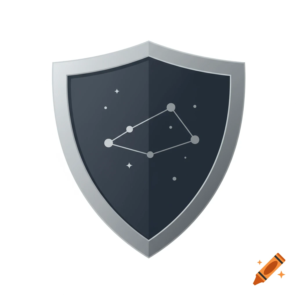 A silver shield with a dark grey center featuring a constellation made of dots and lines, surrounded by smaller stars.