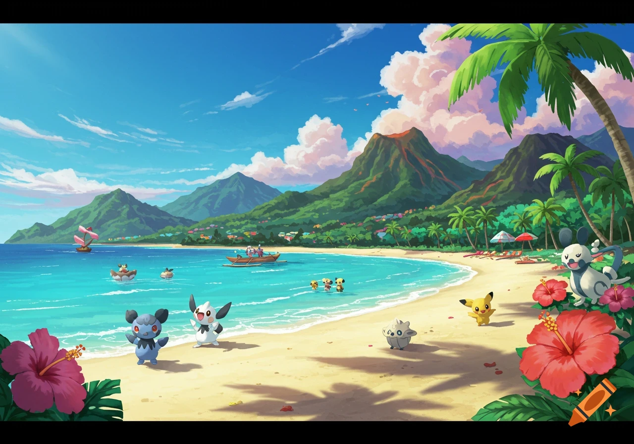 Colorful anime illustration of Pokémon on a tropical beach with palm trees, a volcano, and boats in the ocean.