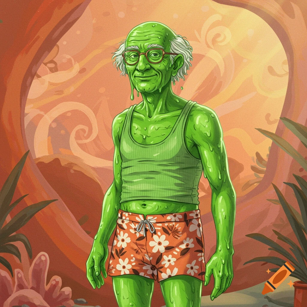 A green, slimy old man with white hair and red glasses, wearing a green tank top and orange floral swim shorts, stands in a stylized, warm-toned landscape.