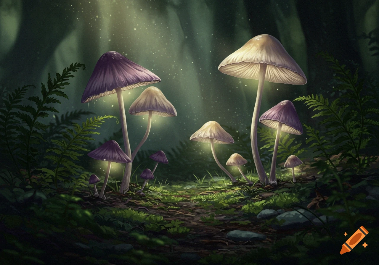 Luminous purple and white mushrooms glow in a dark, magical forest with ferns and moss on the ground.