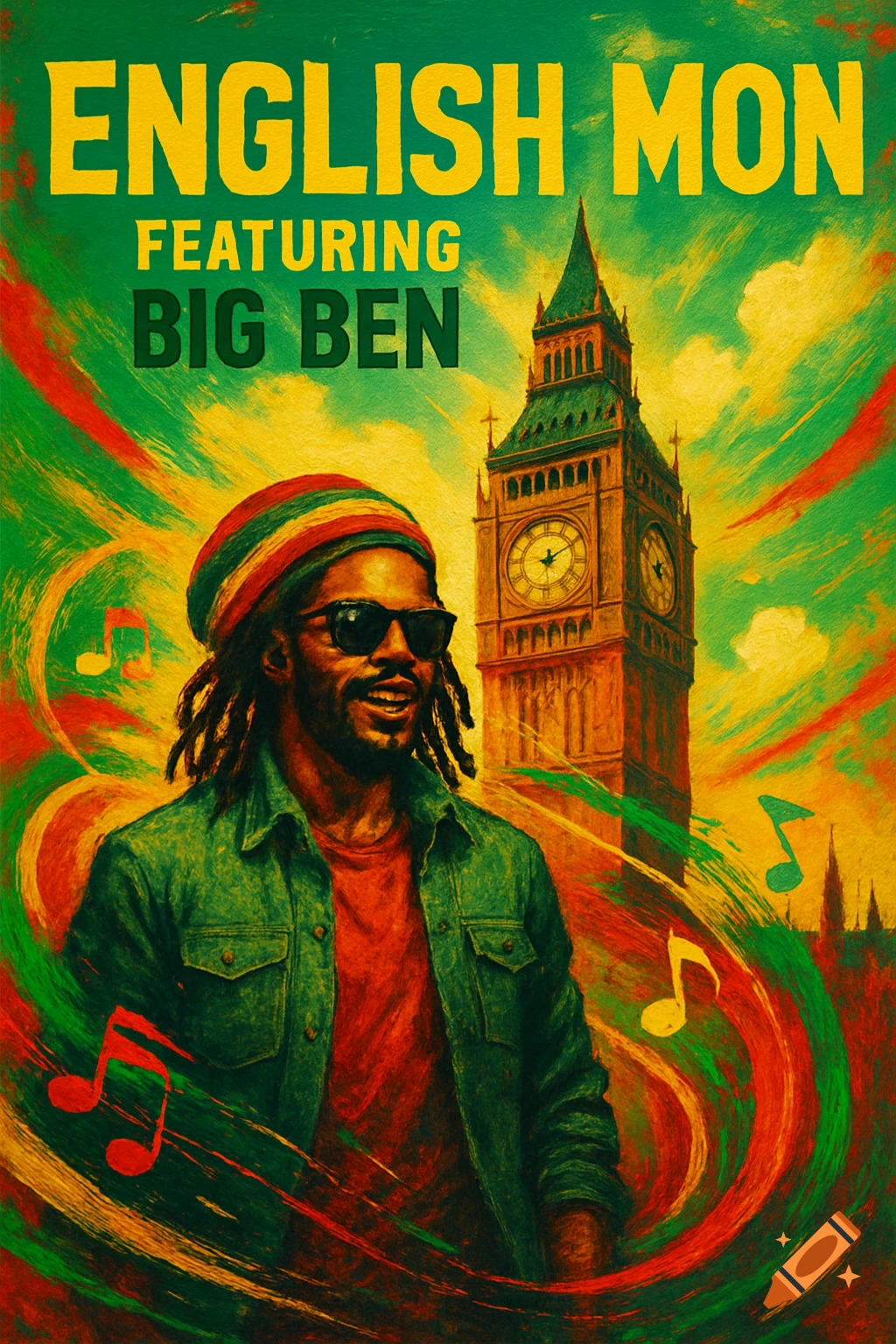 Vibrant reggae album cover art with a man in dreadlocks and sunglasses, Big Ben, and text 'English Mon featuring Big Ben'.