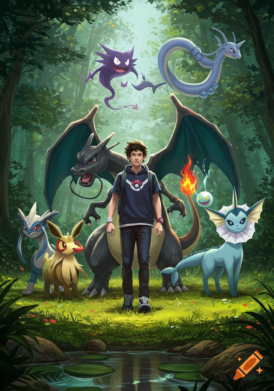 Young man and his Pok Rmon team, including Charizard, Haunter, and Vaporeon, stand in a lush forest by a pond.