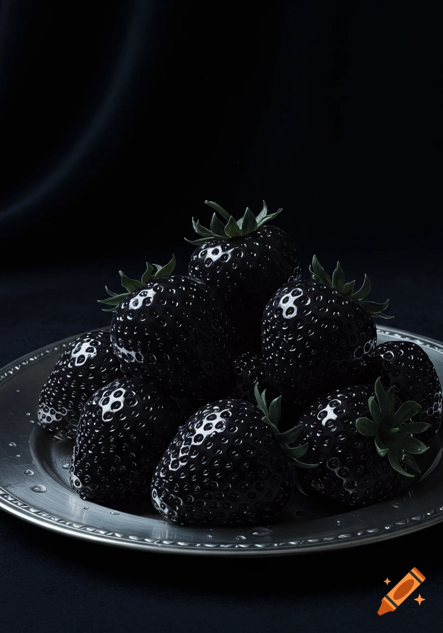A close-up of several dark, almost black strawberries with green leaves, arranged on a silver plate against a dark background, in a photorealistic style.