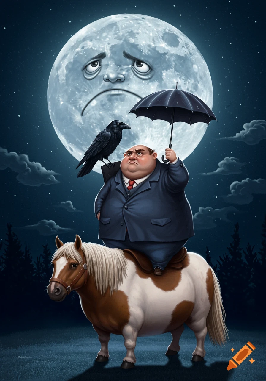 Cartoon disgruntled man riding a piebald pony, holding an umbrella, with a raven on his shoulder under a sad-faced moon at night.