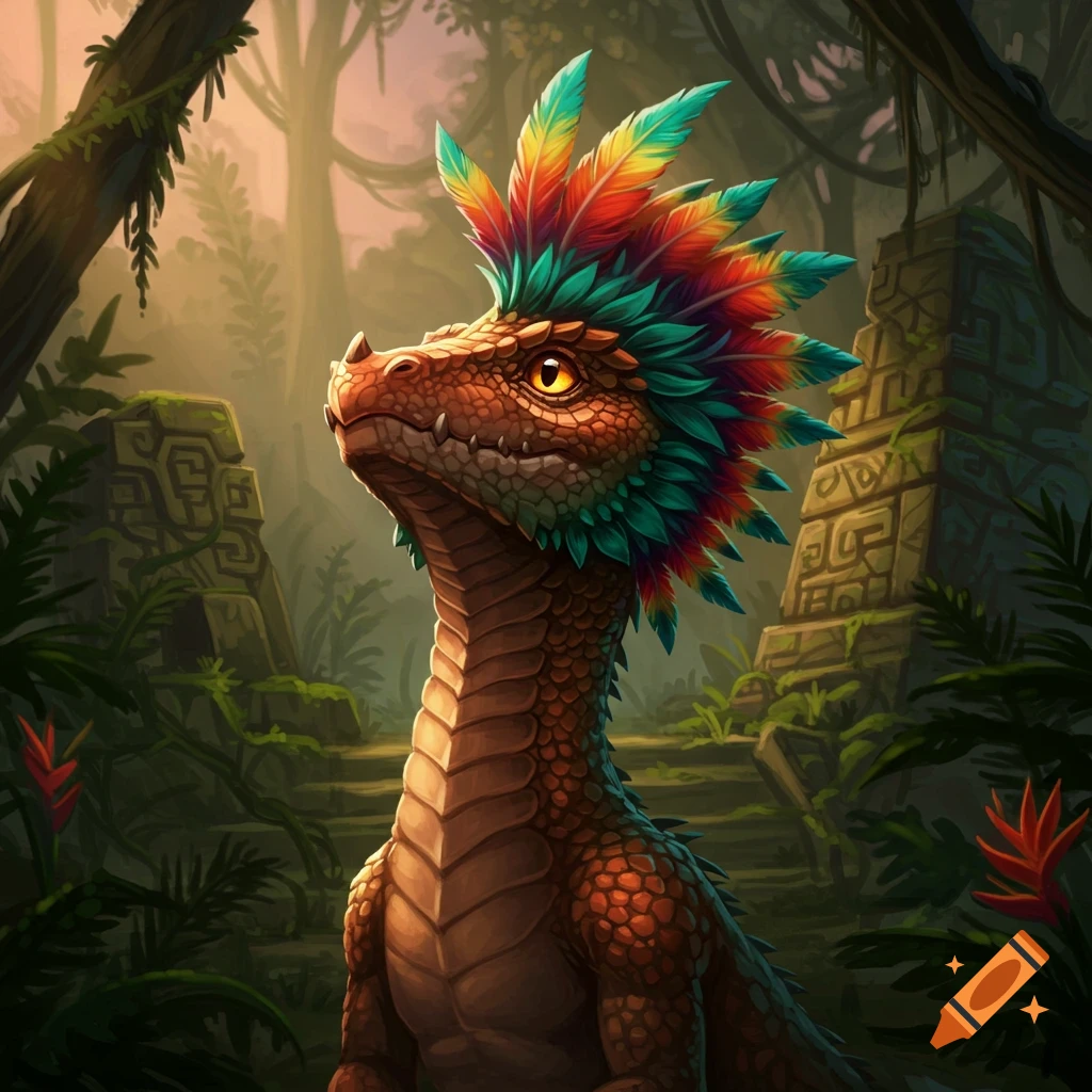 A small, brown, scaly creature with bright rainbow head feathers stands in a lush, ancient jungle with stone ruins.