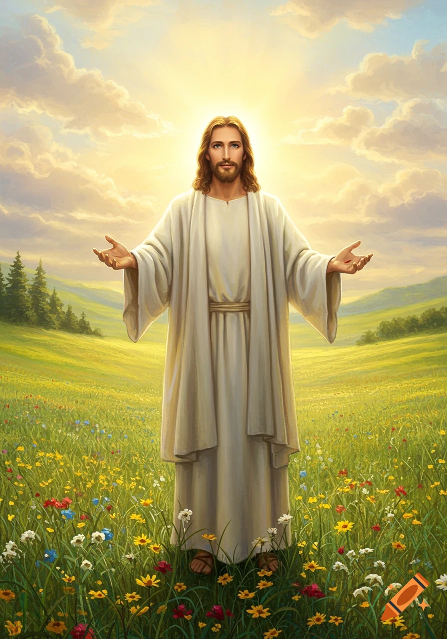 Jesus Christ with outstretched arms in a sunlit field of wildflowers under a cloudy sky, in an illustrative style.