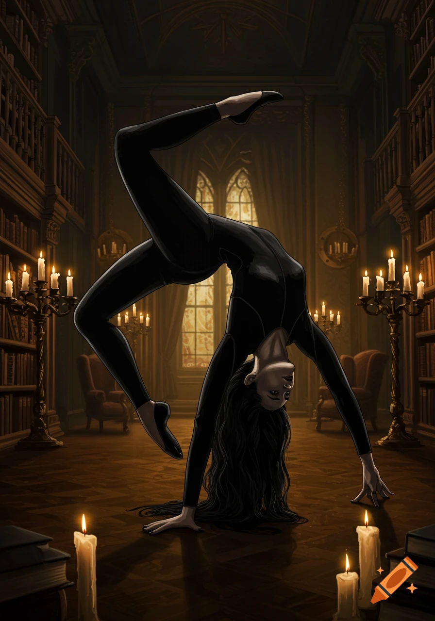 An illustration of a woman in a black jumpsuit doing a contortion pose, upside down, in a dark, candlelit gothic library.