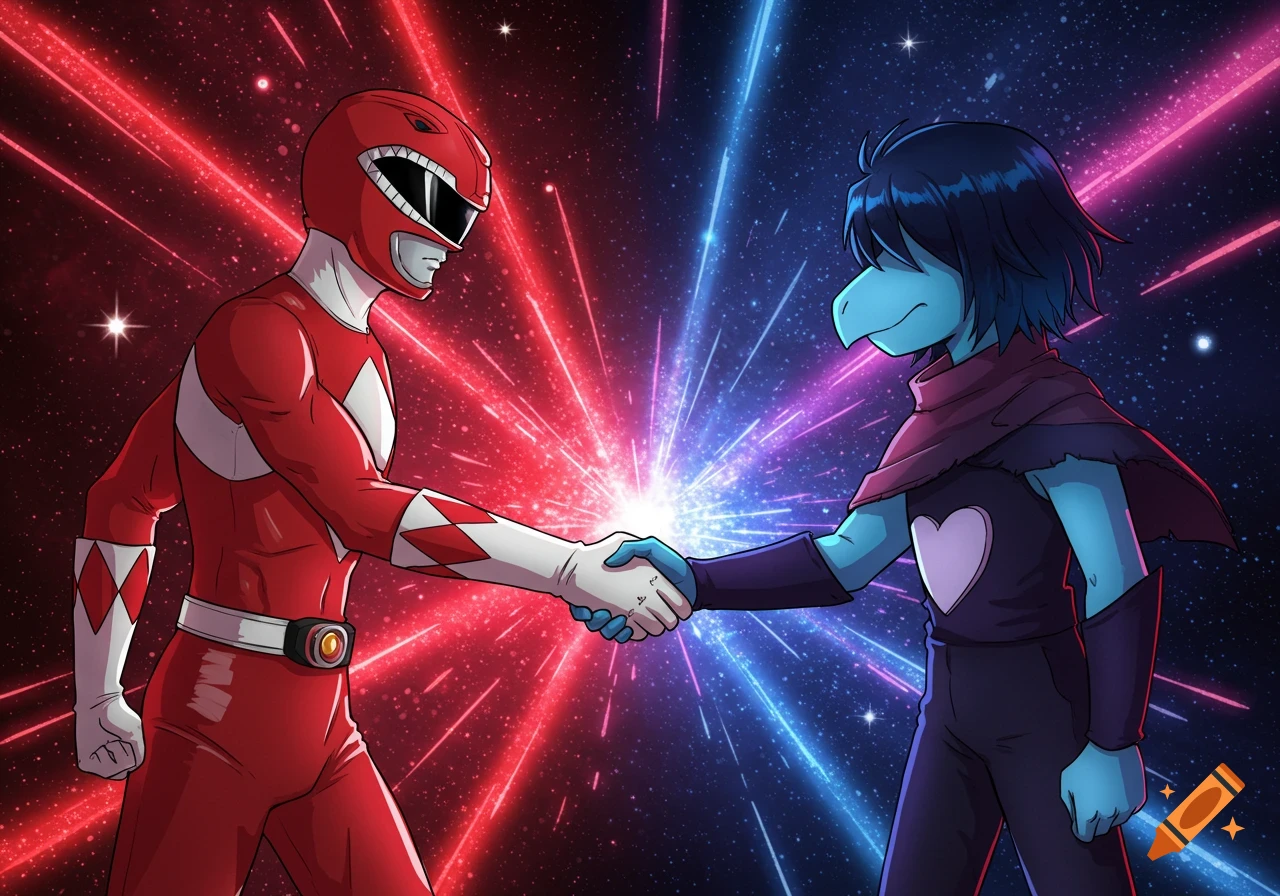 The Red Power Ranger shakes hands with Kris from Deltarune amidst glowing red and blue light beams in space.