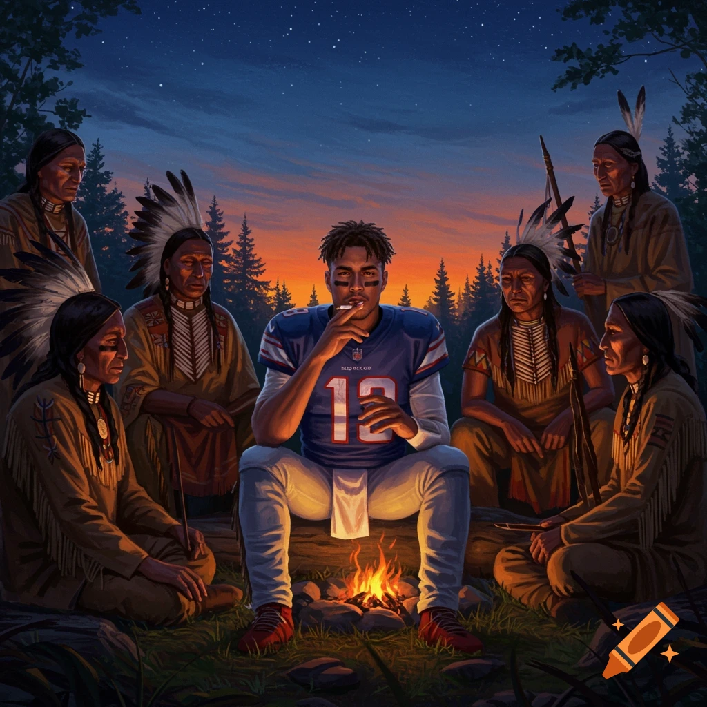 A stylized painting of a young man in a blue football jersey smoking a cigarette around a campfire with six Native American people at dusk.
