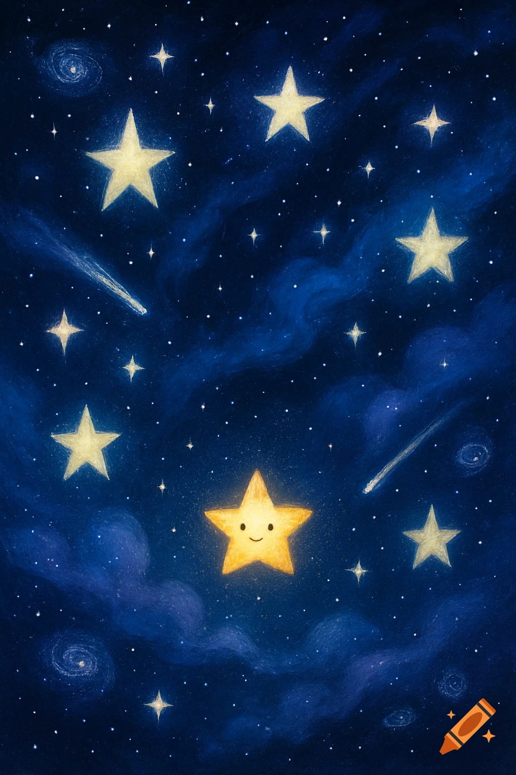 Illustration of a dark blue night sky filled with many stars, comets, and swirling nebulae, featuring a large, smiling golden star in the center.