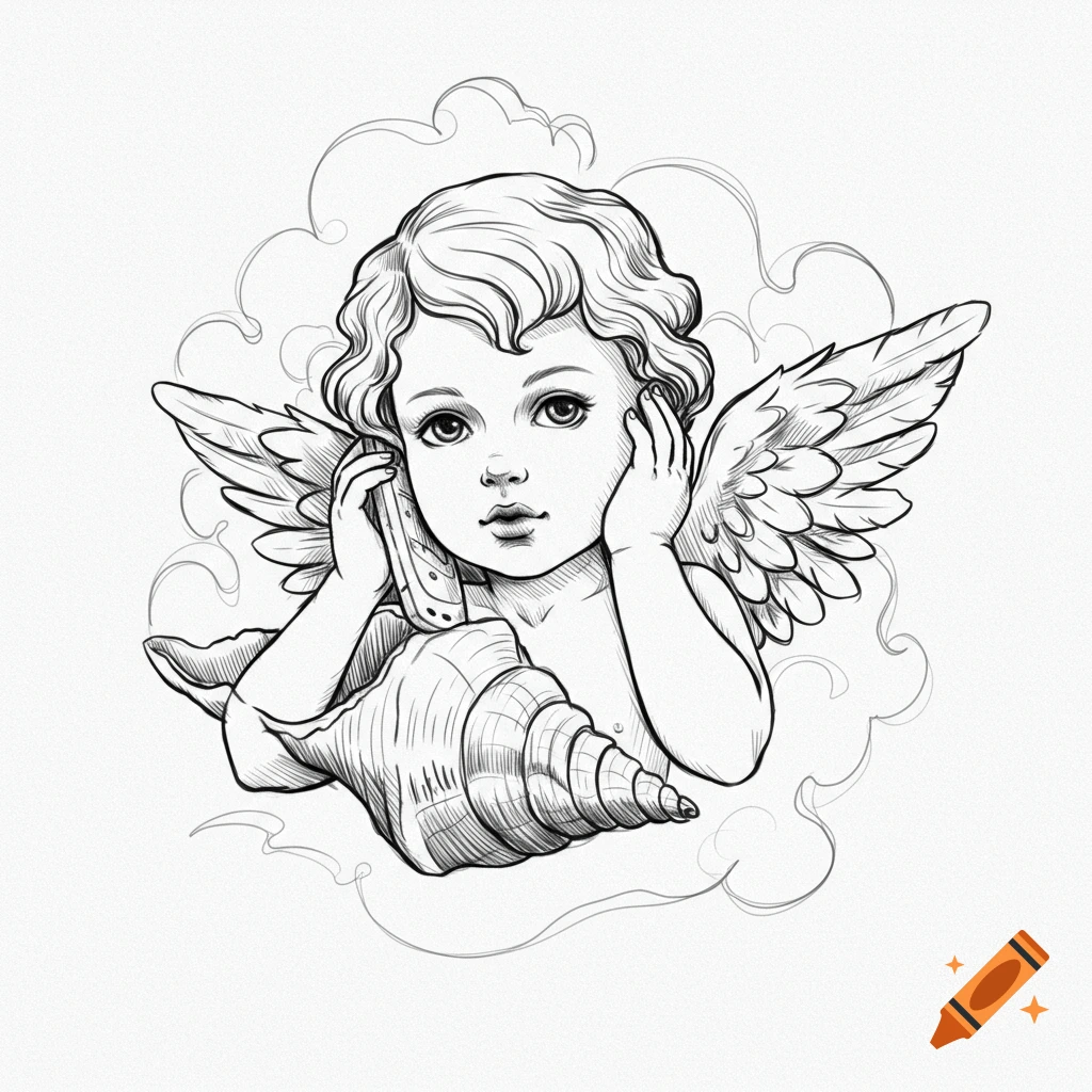 Black and white line art of a cherub with wings, holding a conch shell to its ear like a phone, in a tattoo design style.