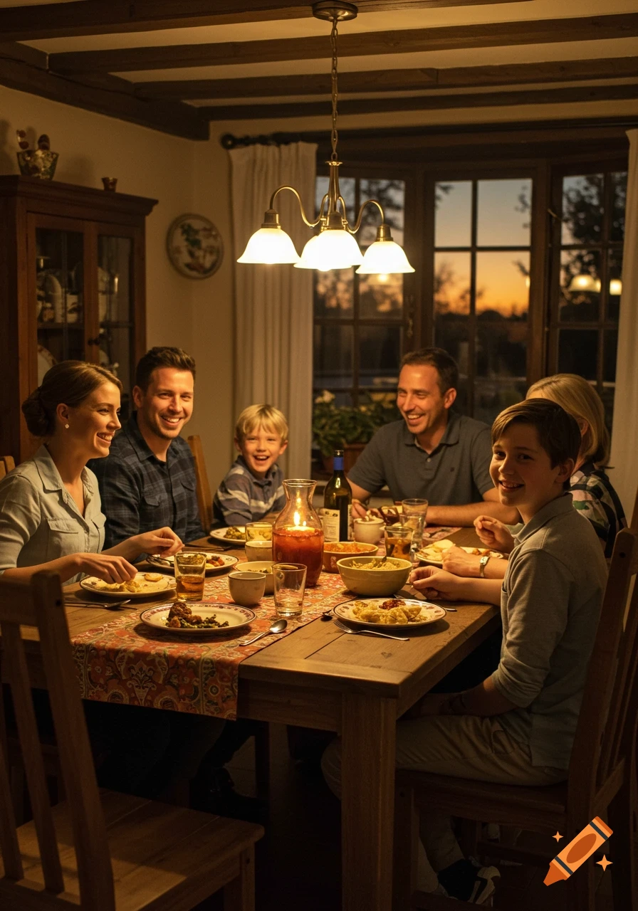 A family shares a joyful dinner around a wooden table in a warm, dimly lit room with a sunset visible through the window.