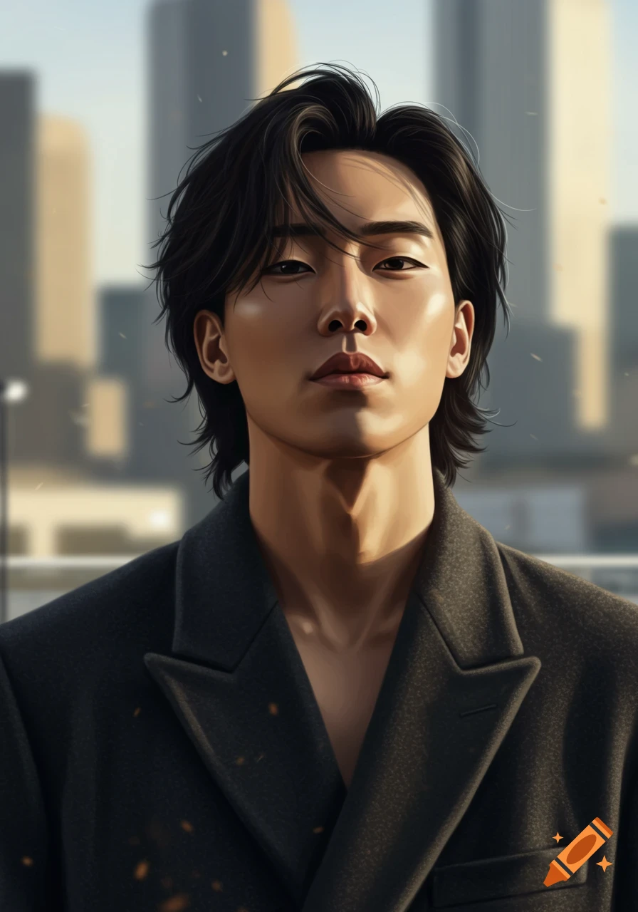 A stylized portrait of a young Asian man with dark hair and a chiseled jawline, wearing a dark coat, with a blurry city background.