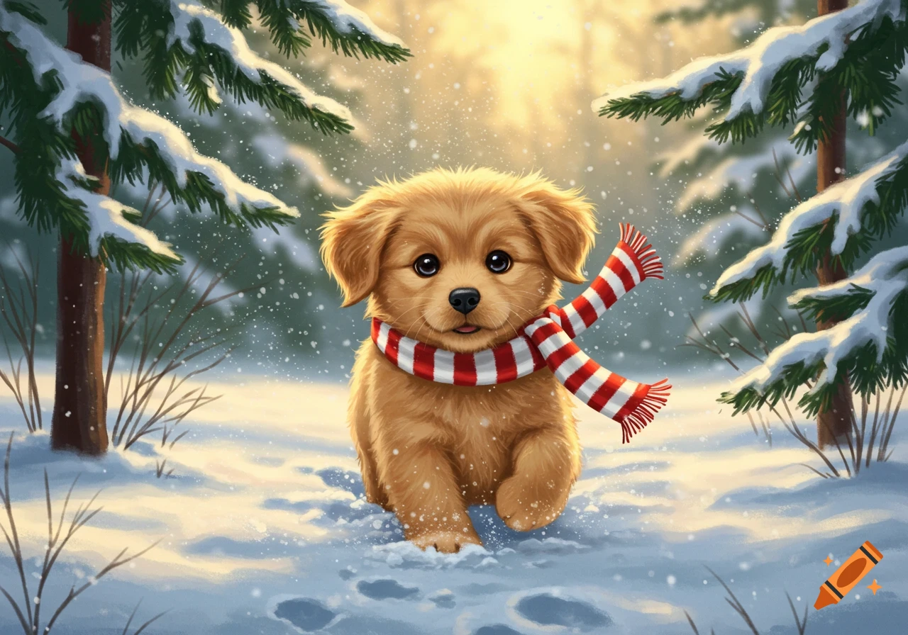 A cute golden puppy wearing a red and white striped scarf walks in a snowy forest with falling snow, in a whimsical illustration style.
