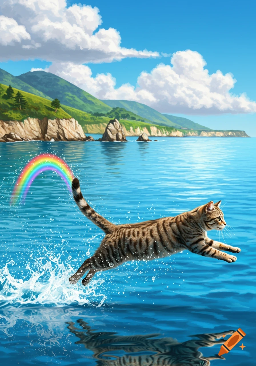 A tabby cat with a rainbow for its back half leaps over a sparkling blue ocean with a green coastal landscape in the background.