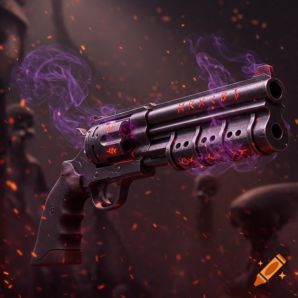 A dark, stylized revolver with red and black metal, emitting purple smoke, adorned with glowing red runes, set against a fiery, blurred background.