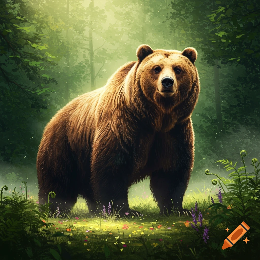 A majestic brown bear stands in a sunlit forest clearing filled with green foliage and wildflowers, looking directly at the viewer.