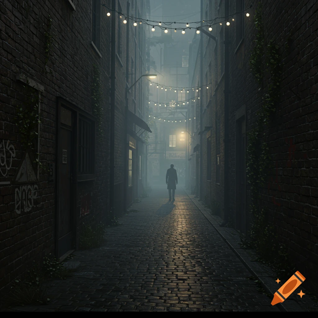 A lone figure walks down a dark, foggy brick alleyway illuminated by strung lights overhead and a distant street lamp, with faint graffiti on the walls.