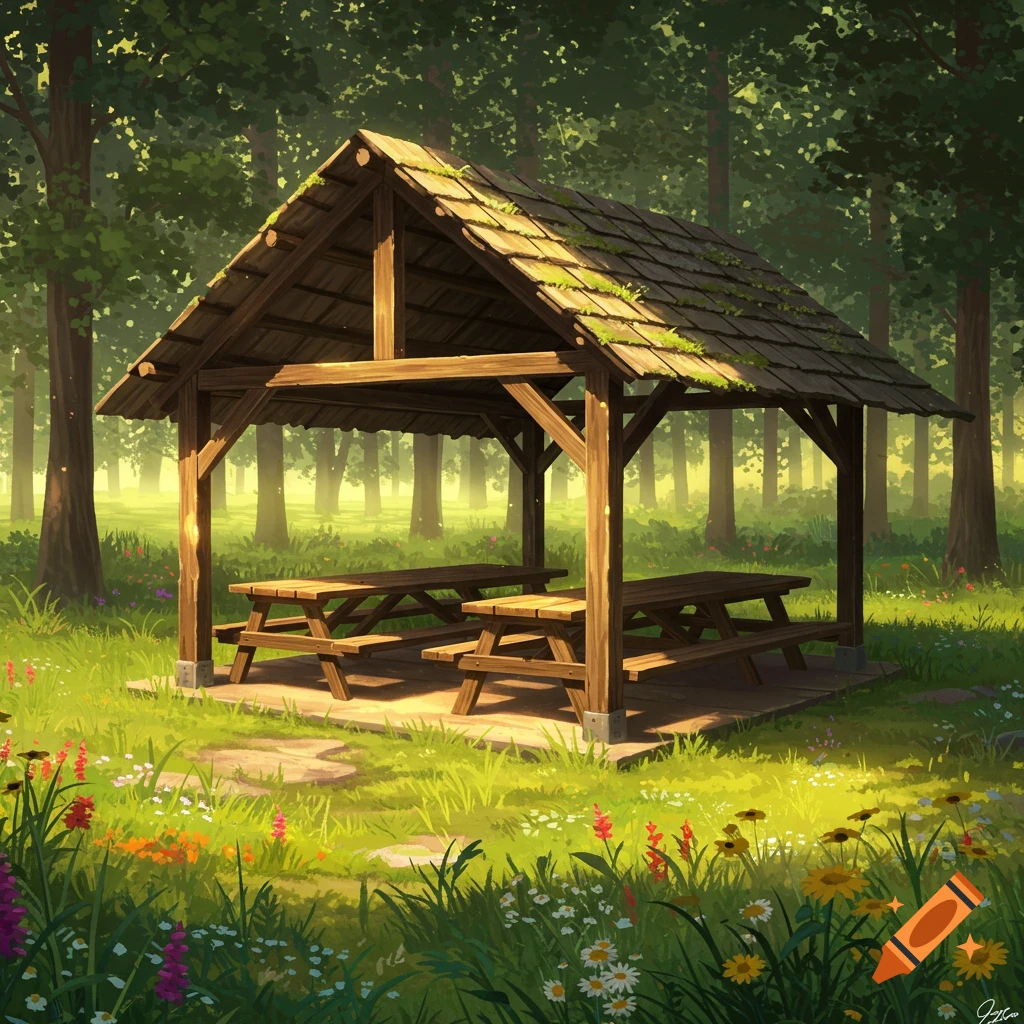 An illustrative painting of a wooden picnic shelter with two picnic tables, set in a sunny, vibrant green forest clearing with wildflowers.