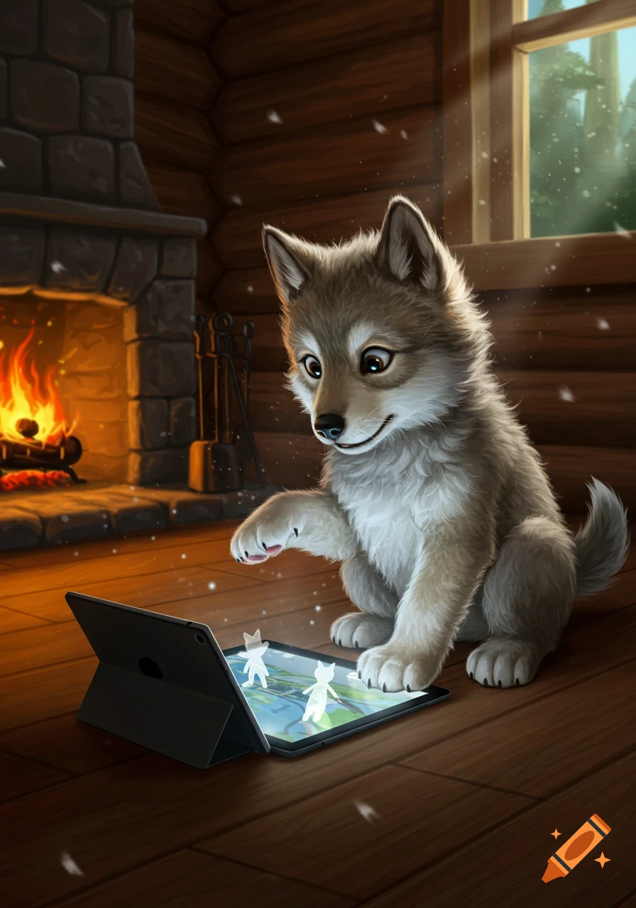 A cute baby wolf with big eyes excitedly taps on an iPad displaying a map-like game, inside a cozy log cabin by a fireplace.