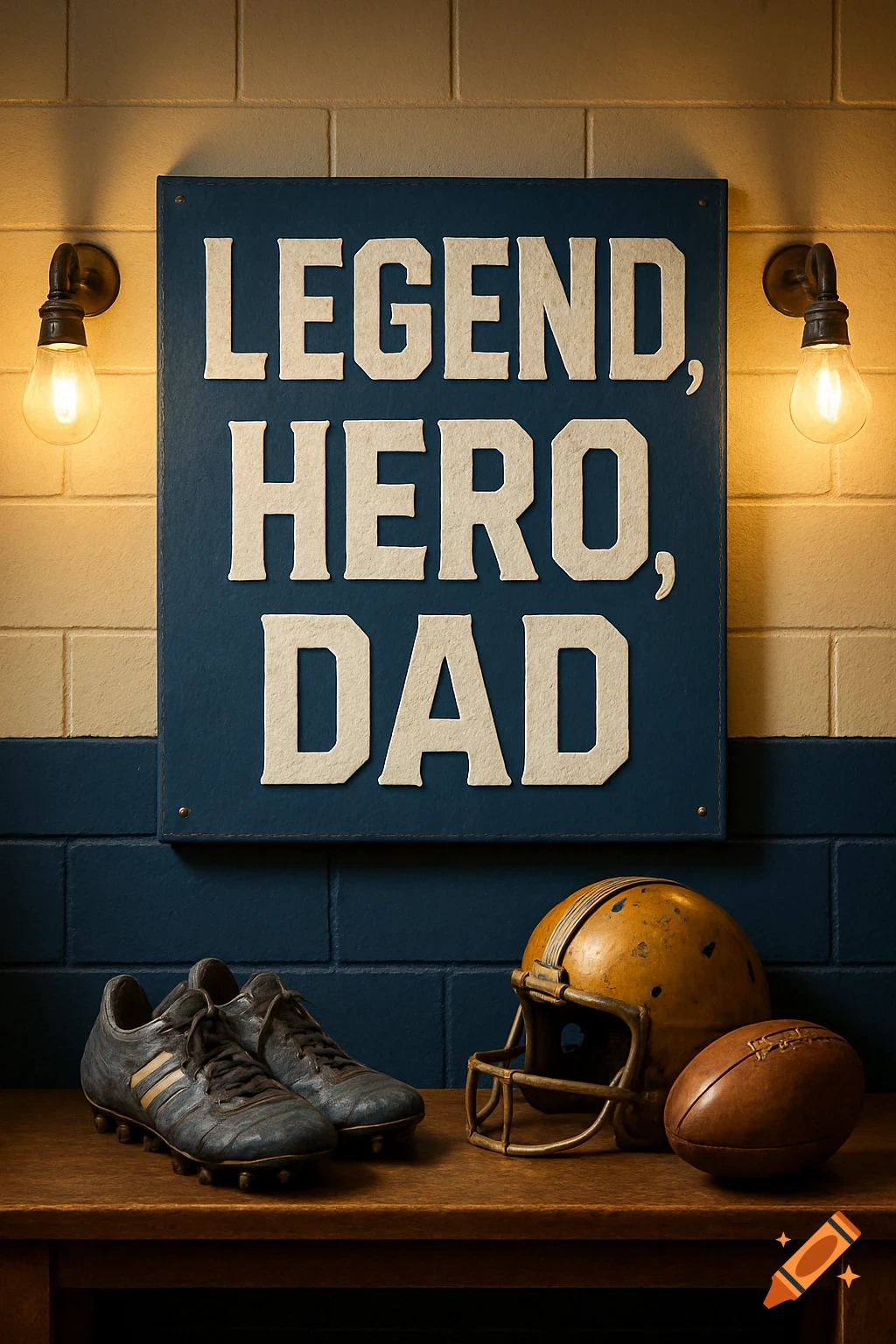 A vintage-style blue sign reading 'LEGEND, HERO, DAD' hangs on a brick wall, above a shelf with old football cleats, a helmet, and a football.