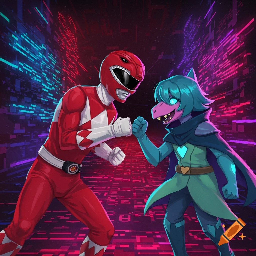 Red Power Ranger fist-bumping Ralsei from Deltarune against a vibrant neon grid background, in a colorful illustrative style.
