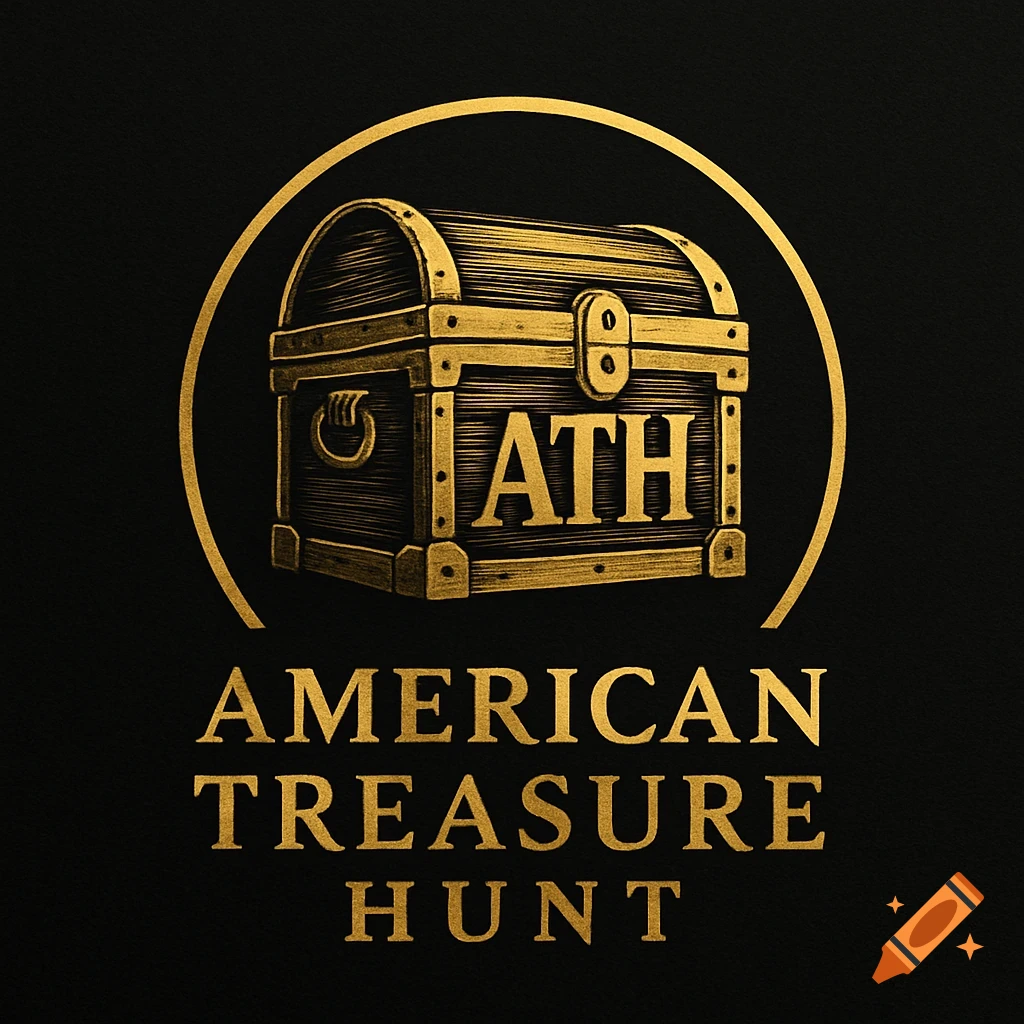 Elegant gold logo on black background with a stylized treasure chest, 'ATH' initials, and 'AMERICAN TREASURE HUNT' text.