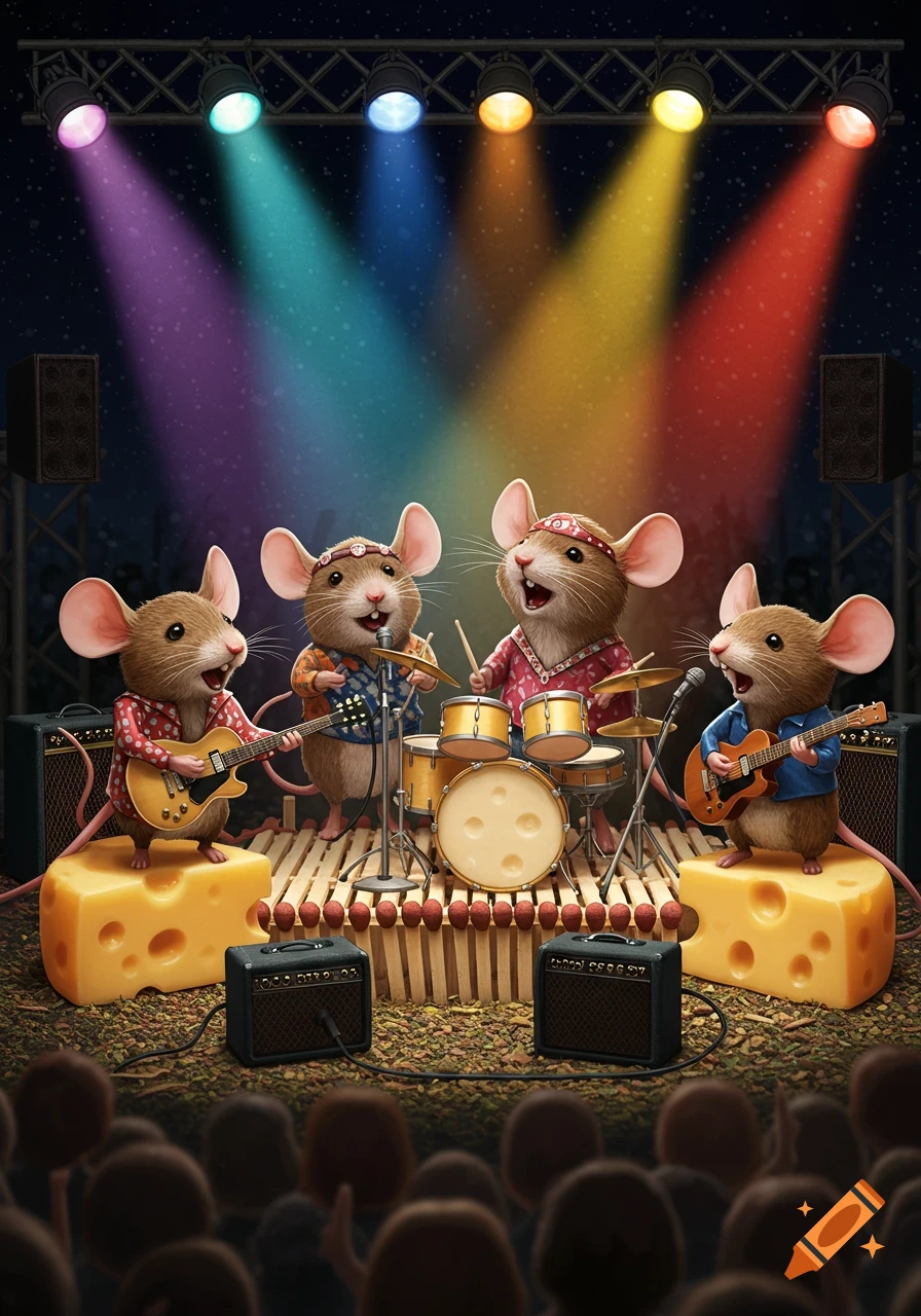 Four anthropomorphic mice play instruments on a vibrant stage under colorful spotlights, with blocks of cheese acting as risers.