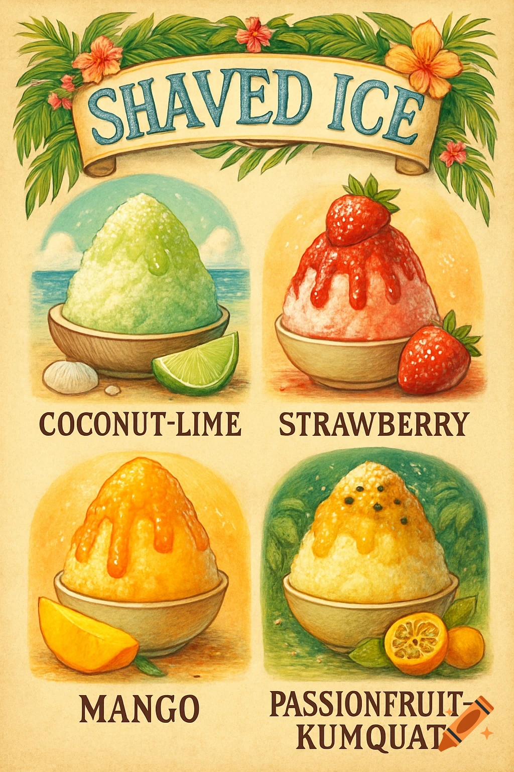 Vintage-style illustrated menu for shaved ice, featuring four flavors: coconut-lime, strawberry, mango, and passionfruit-kumquat.