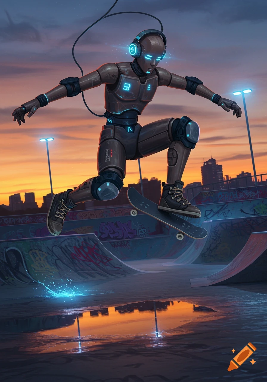 A humanoid robot with glowing blue accents and headphones jumps on a skateboard in a skatepark at sunset, reflecting in a puddle.