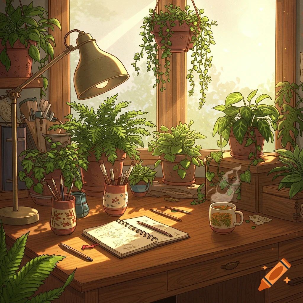 Cozy, sunlit study desk with many potted plants, a lamp, an open sketchbook, and a mug in an illustrative style.