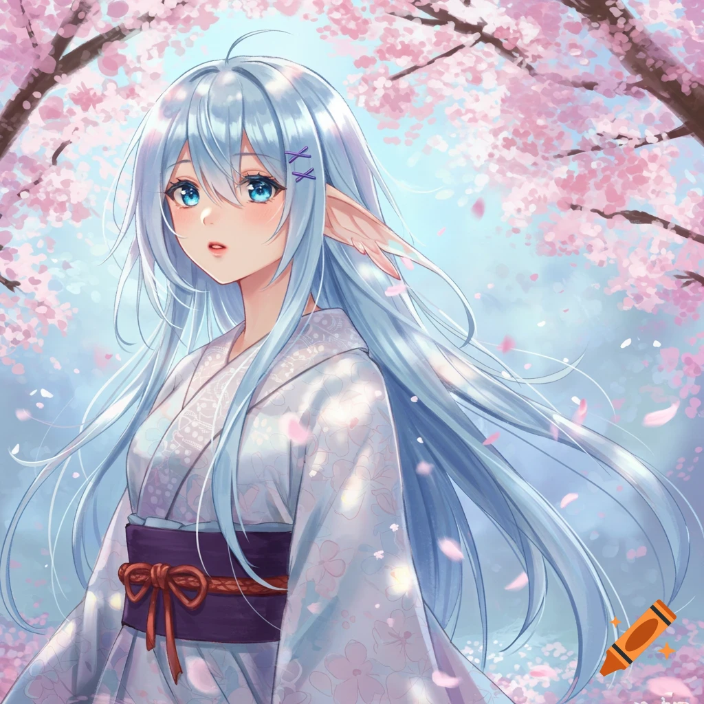 Anime girl with light blue hair, blue eyes, and elf ears in a kimono under falling cherry blossoms, anime art style.