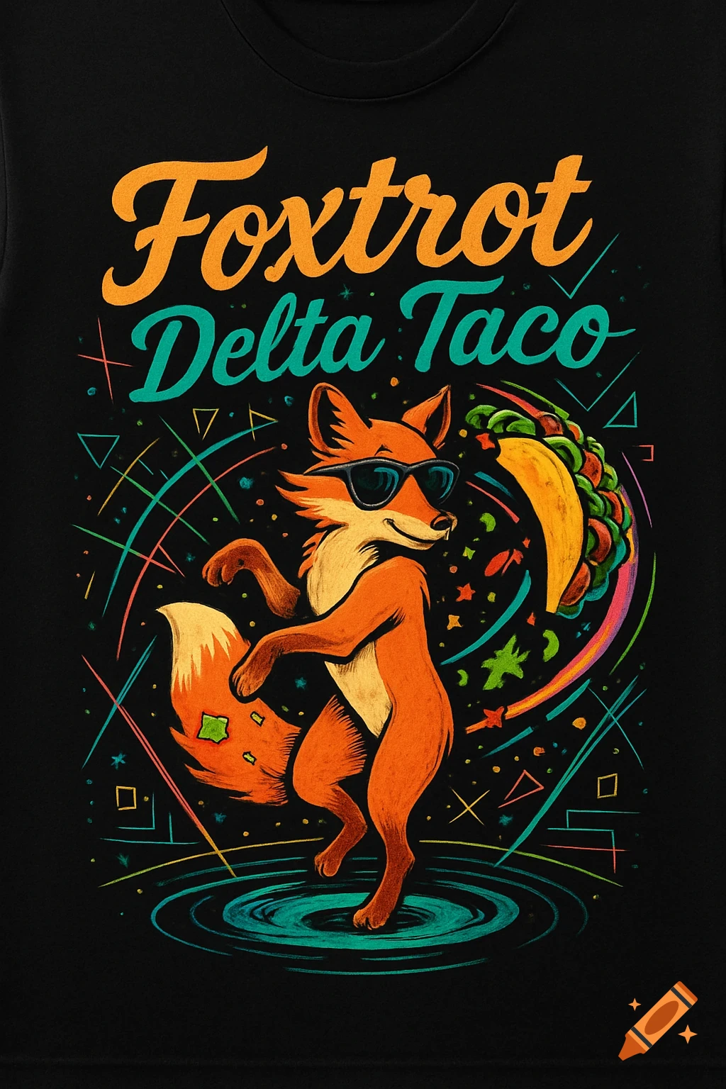 A cool cartoon fox wearing sunglasses dancing with a taco, surrounded by colorful abstract shapes on a black background. Text reads 'Foxtrot Delta Taco'.