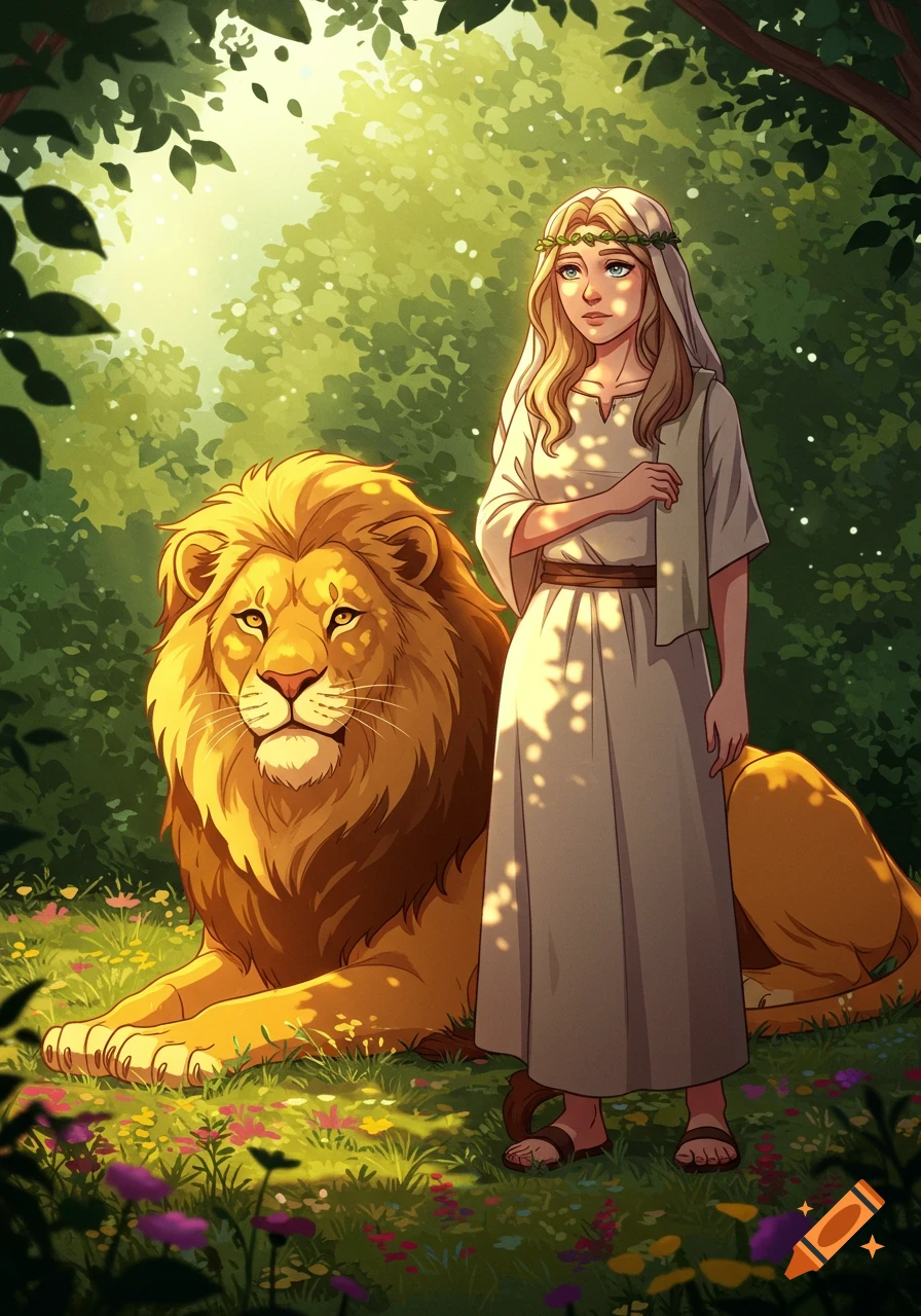 An animated modest woman with blonde hair and a wreath stands next to a golden lion in a lush, sunlit forest.