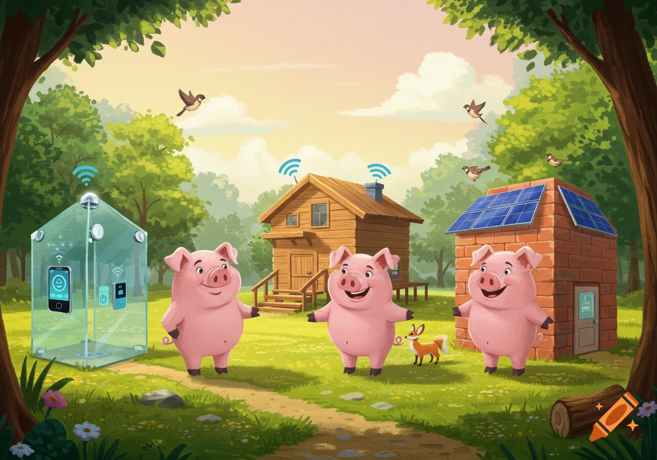 Three cartoon pigs stand in a field with a futuristic glass smart home, a wooden cabin with WiFi, and a brick house with solar panels, under a bright sky with birds.