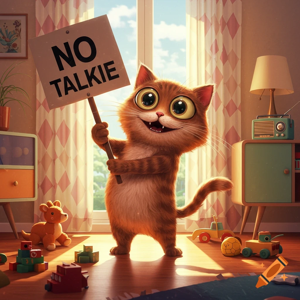 A smiling, wide-eyed cartoon ginger cat holds a sign that reads "NO TALKIE" in a sunlit child's room filled with toys.