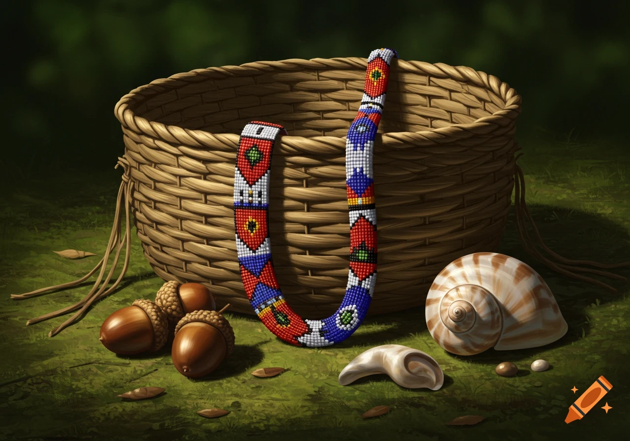 Photorealistic still life with a native American basket, colorful beaded necklace, acorns, and seashells on green grass.