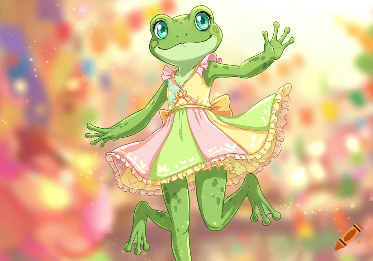 A happy anime frog character in a pastel dress, raising a hand, against a colorful bokeh background.