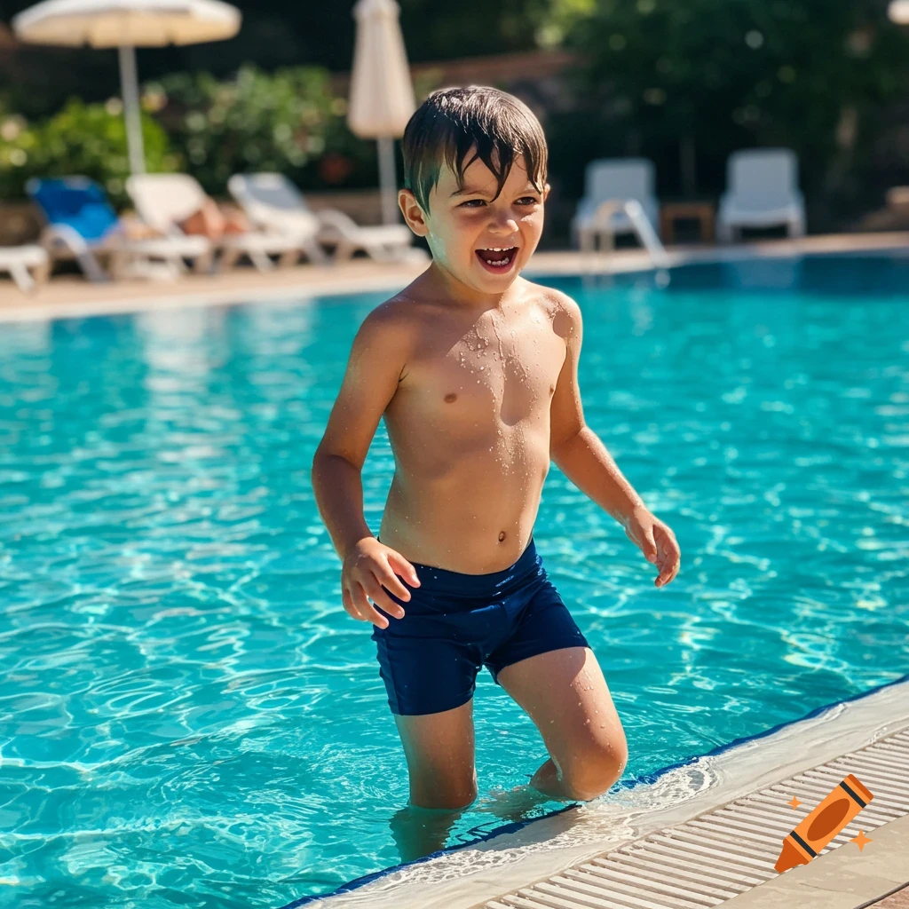 A smiling young boy in blue swim trunks standing in a bright blue swimming pool, with water dripping off him.