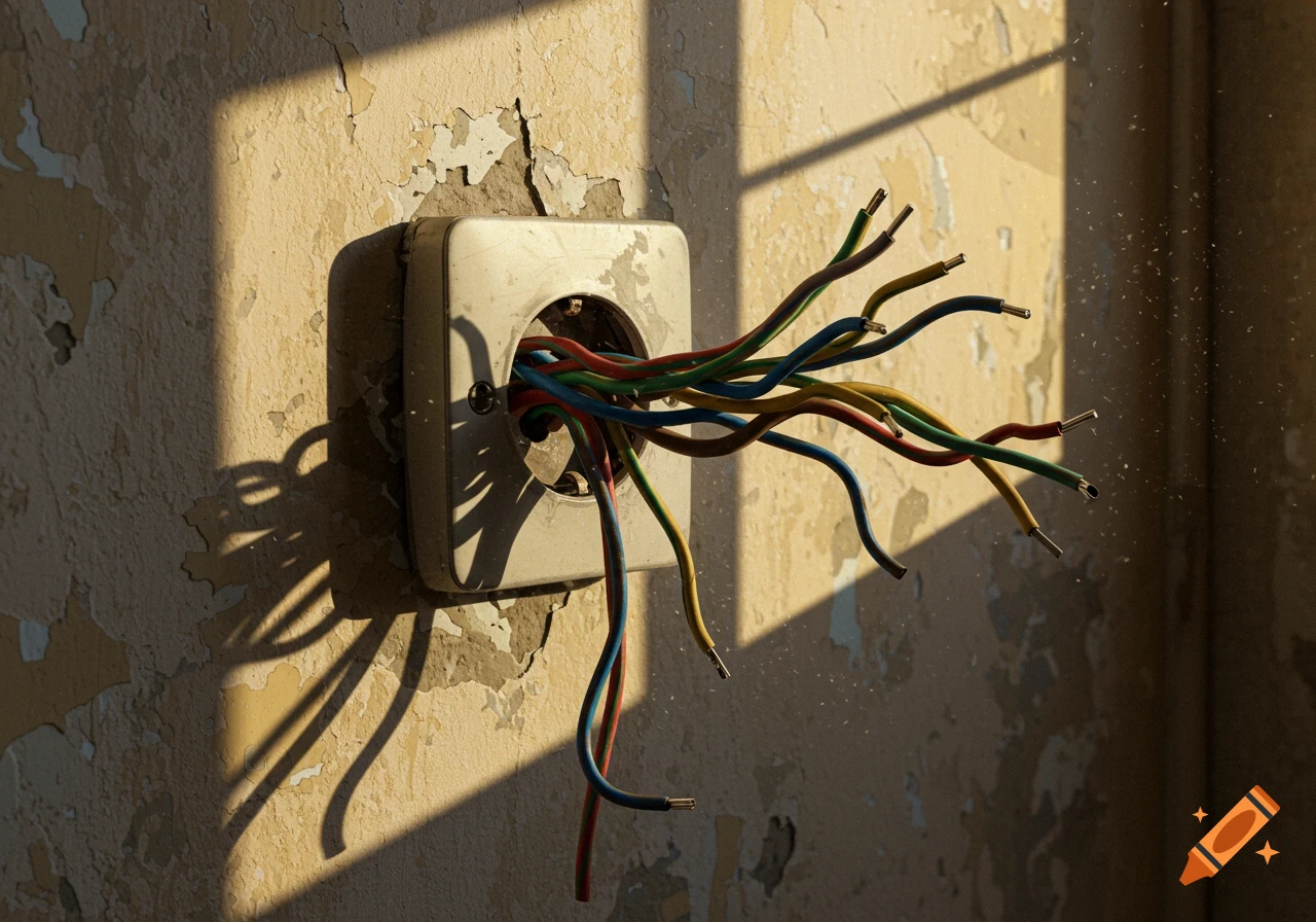 A photorealistic image of an old electrical socket with exposed colorful wires hanging from a peeling wall, illuminated by sunlight.