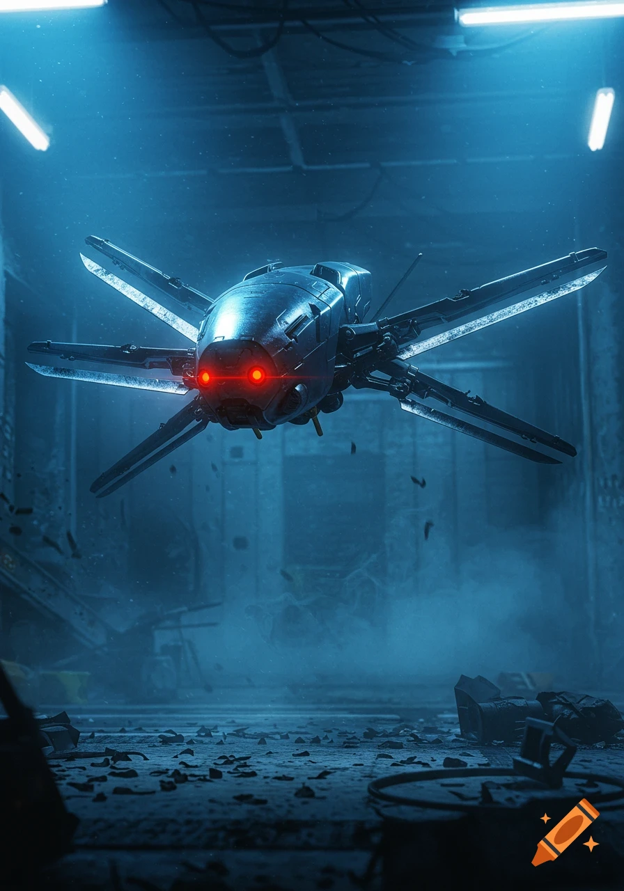 A futuristic, dark metallic drone with glowing red eyes hovers amidst debris and blue fog in a dimly lit, ruined industrial setting.