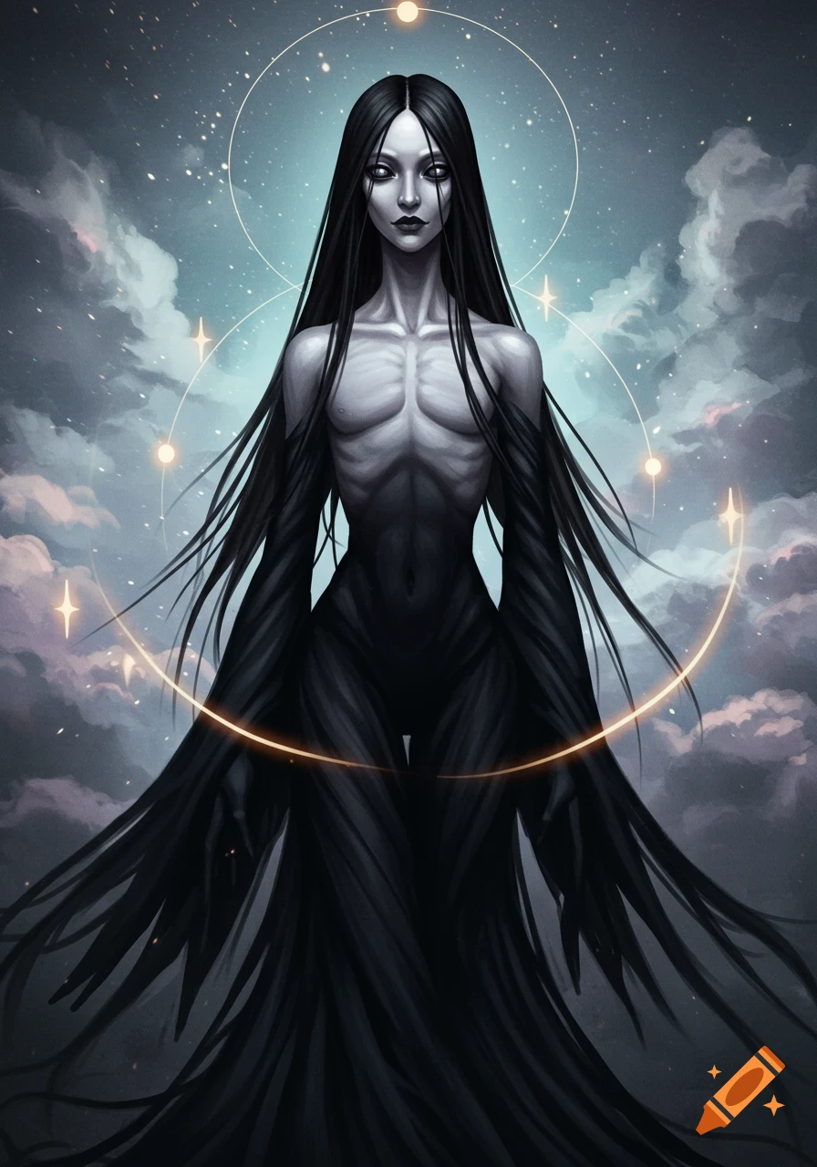 Ethereal, gaunt figure with long dark hair in a flowing black gown against a starry, cloudy sky with glowing celestial rings.