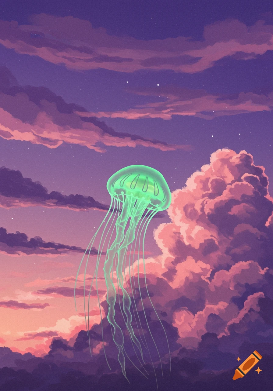 Glowing green jellyfish floats in a dreamy purple and pink cloudy sky with faint stars, illustrated.