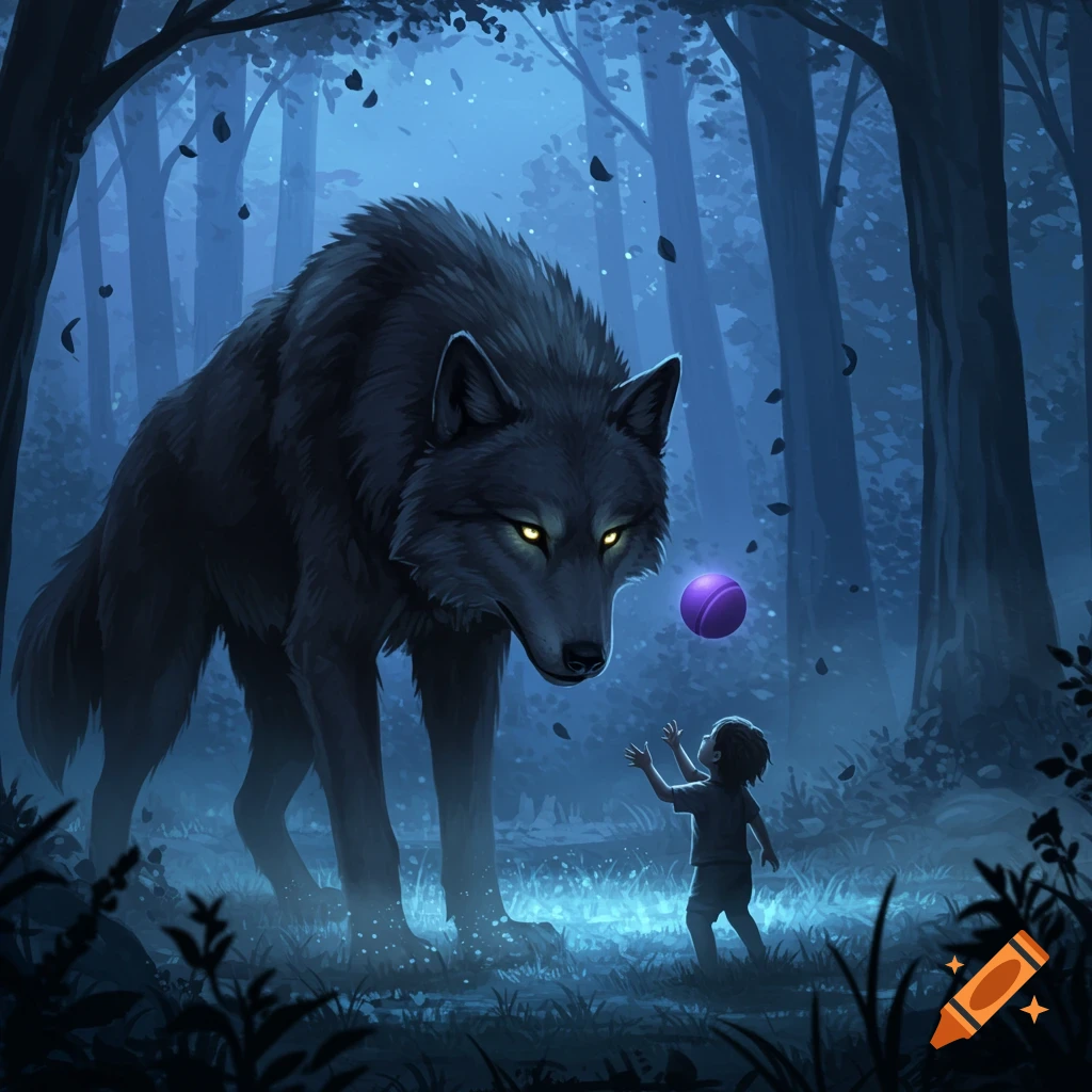 A large dark wolf with glowing eyes looks at a child reaching for a glowing purple orb in a mystical forest.