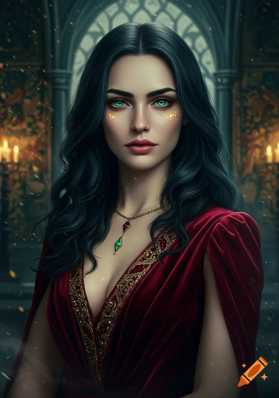 Realistic portrait of a beautiful woman with dark hair, green eyes, and golden flecks, wearing a red velvet gothic dress.